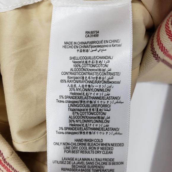 BCBGMaxazria Striped Abbey Blazer XS Asymmetrical Open Front 100% Cotton Tan Red - Picture 6 of 11